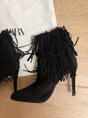 Zara Black Suede Fringe Stiletto Ankle Boots